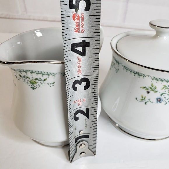 Vtg Cotillion Juliet White with Silver Green Dainty Floral Sugar & Creamer Set - Picture 11 of 11
